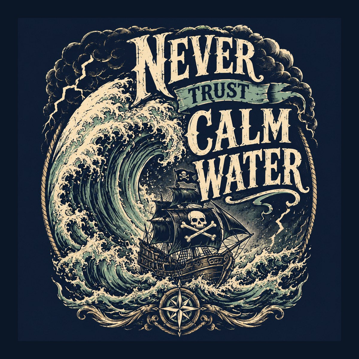 Pirate galleon in a giant wave, Never Trust Calm Water design