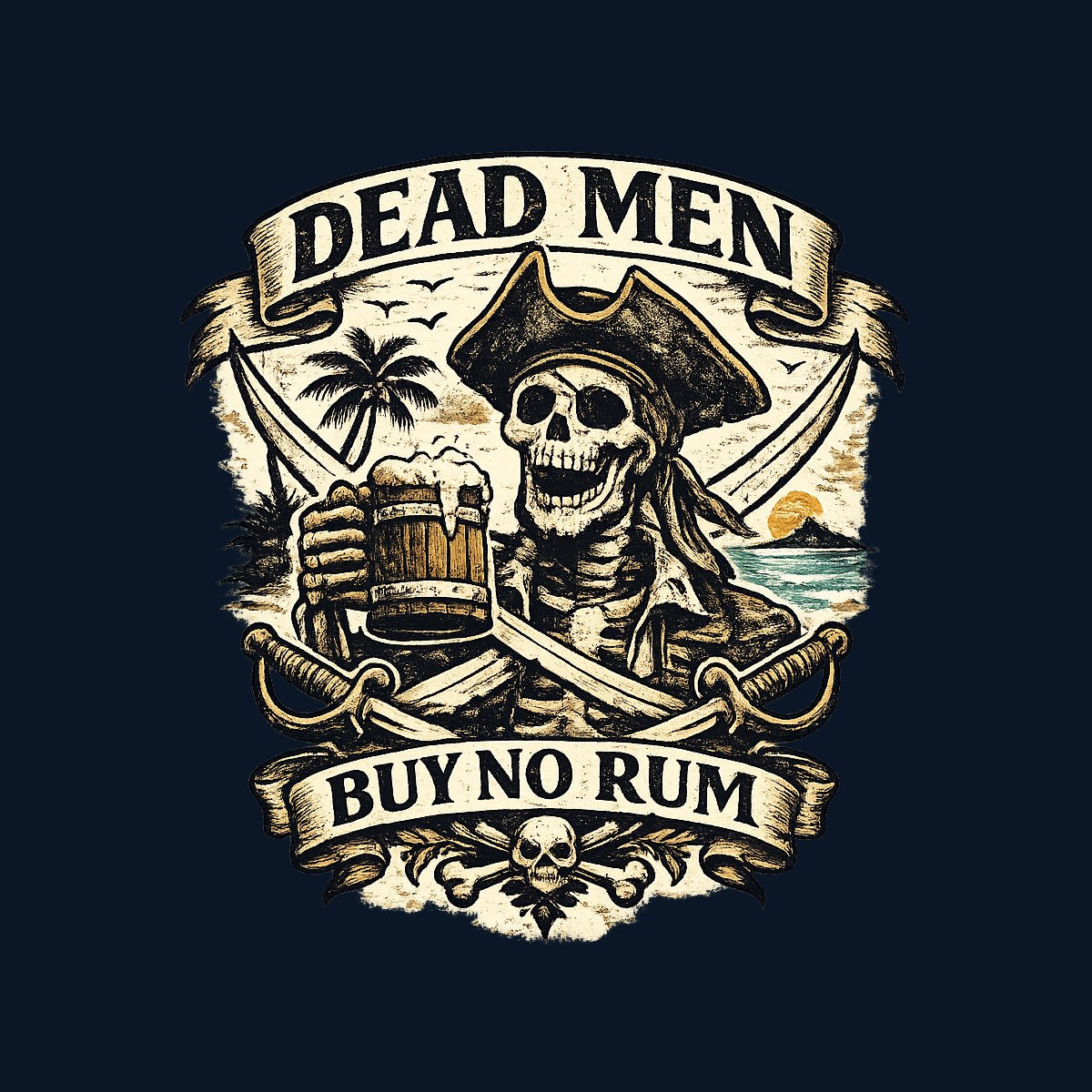 Skeleton pirate holding a tankard, Dead Men Buy No Rum design