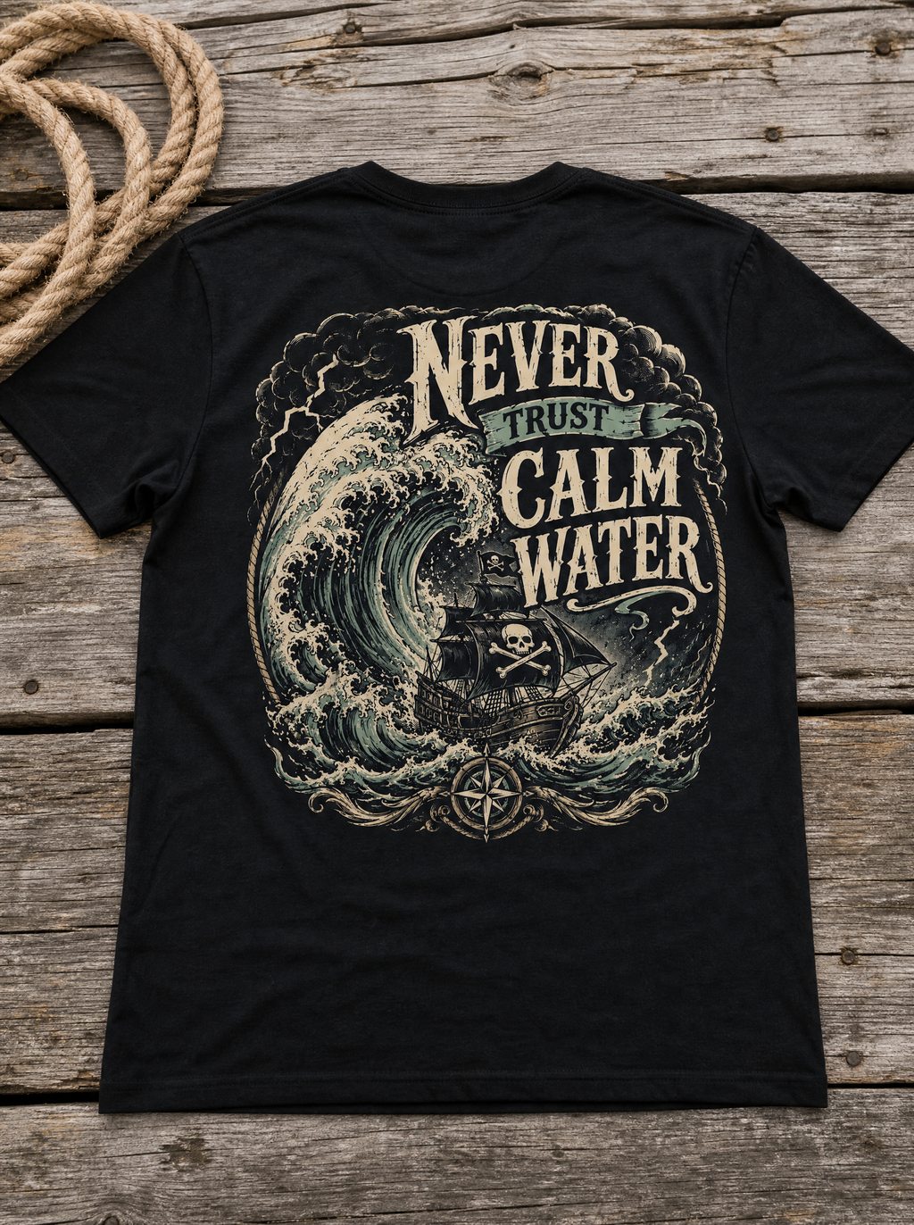 Never Trust Calm Water tee flat lay on weathered wood with rope