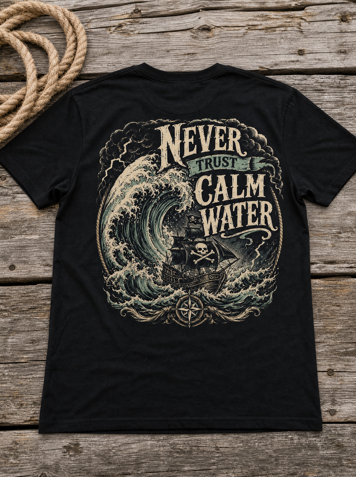 Never Trust Calm Water tee flat lay on weathered wood with rope