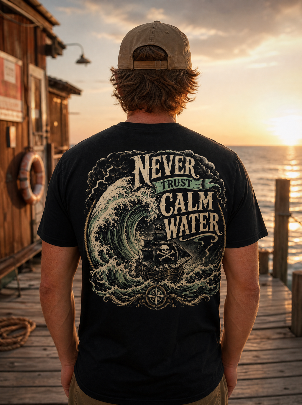 Never Trust Calm Water pirate ship back print tee worn on a dock at golden hour