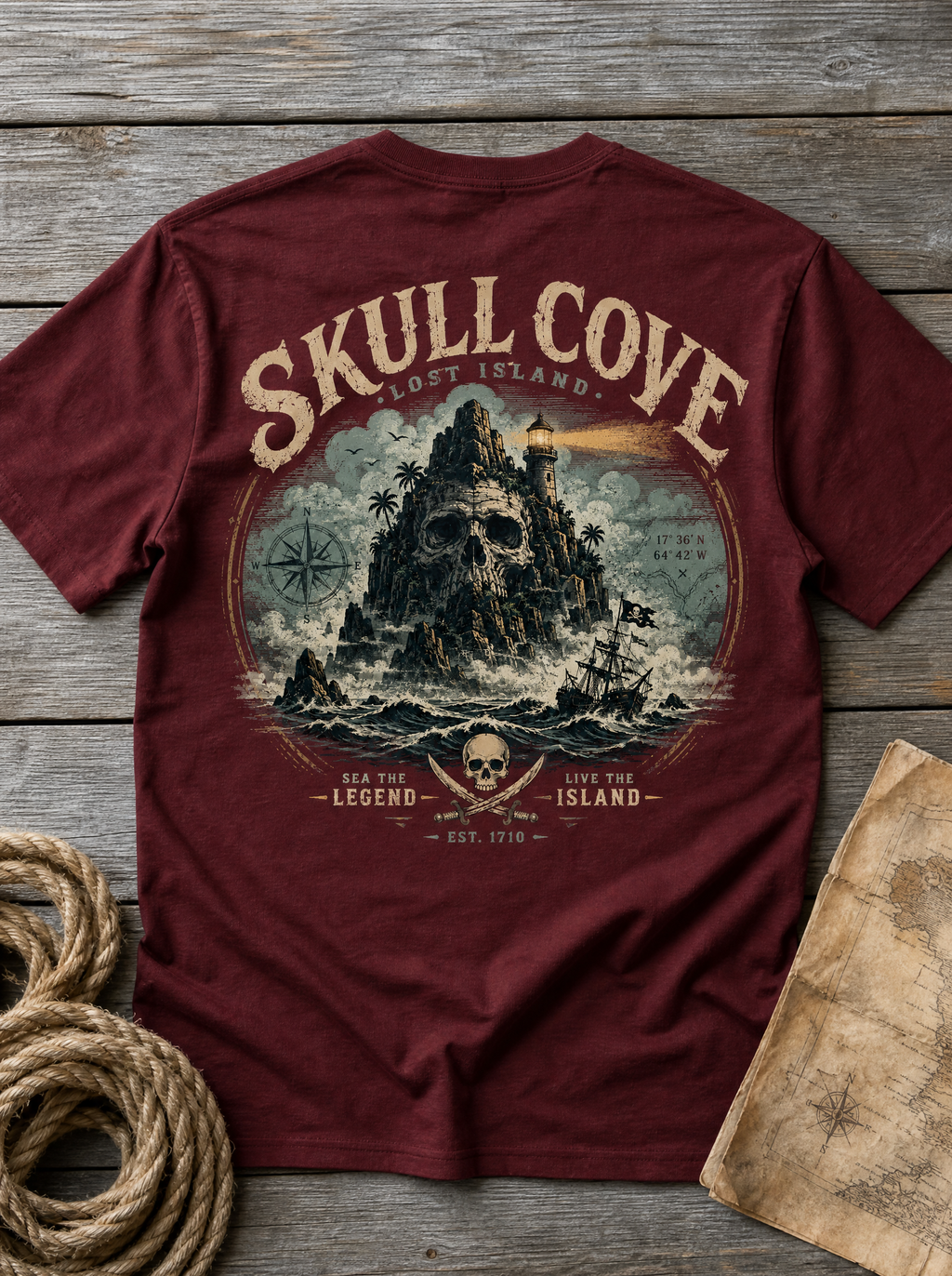 Skull Cove maroon tee flat lay on weathered wood with rope and treasure map
