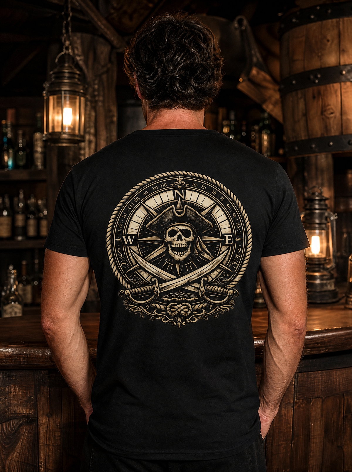 Compass and Cutlass pirate skull back print tee worn in a lantern-lit tavern