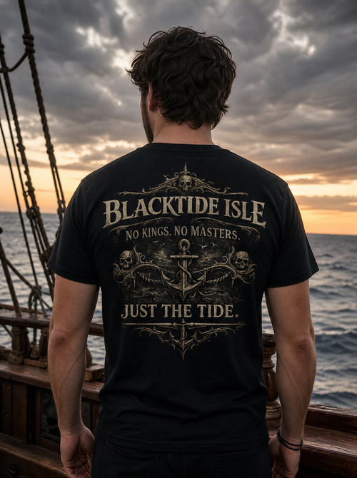 Blacktide Isle No Kings No Masters Just the Tide back print tee worn at a ship rail at sunset