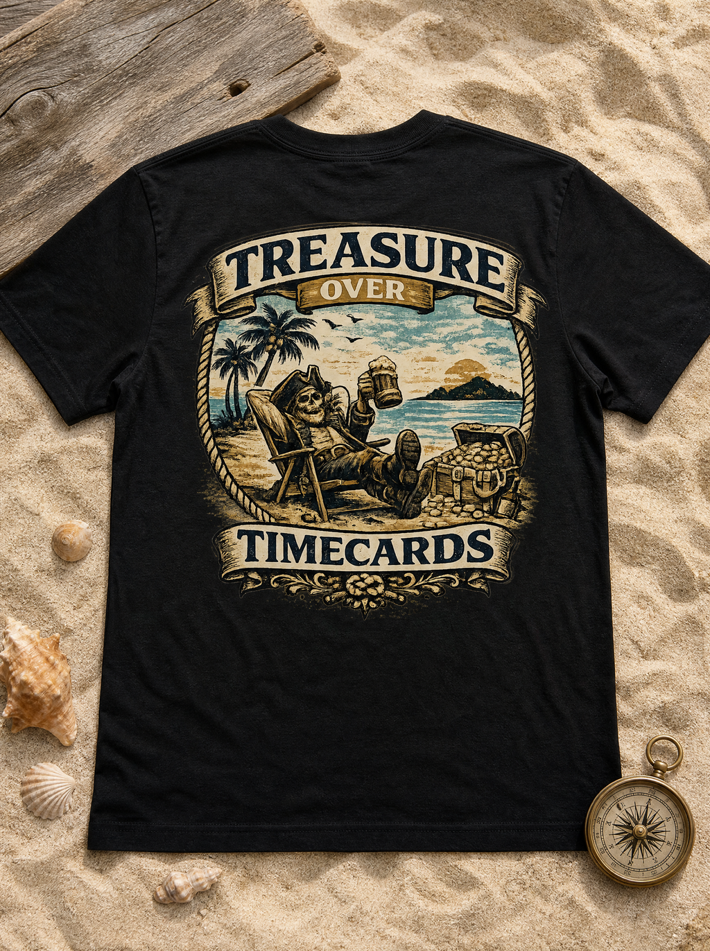 Treasure Over Timecards black tee flat lay on beach sand with seashells and compass