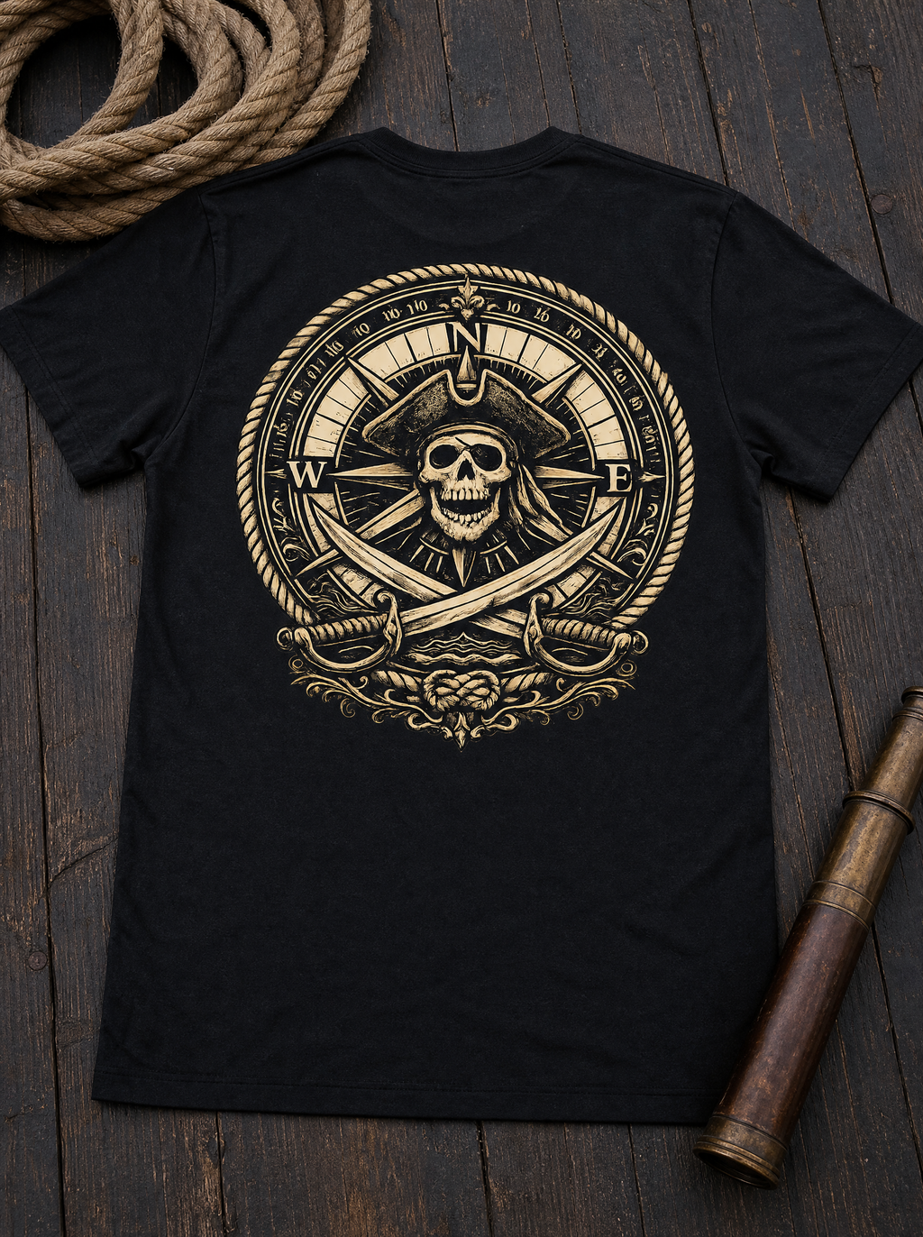 Compass and Cutlass skull tee flat lay on dark ship deck planks with rope and spyglass