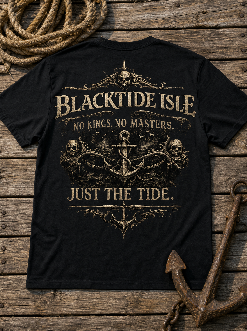 No Kings Just the Tide black tee flat lay on weathered wood with rope and rusty anchor