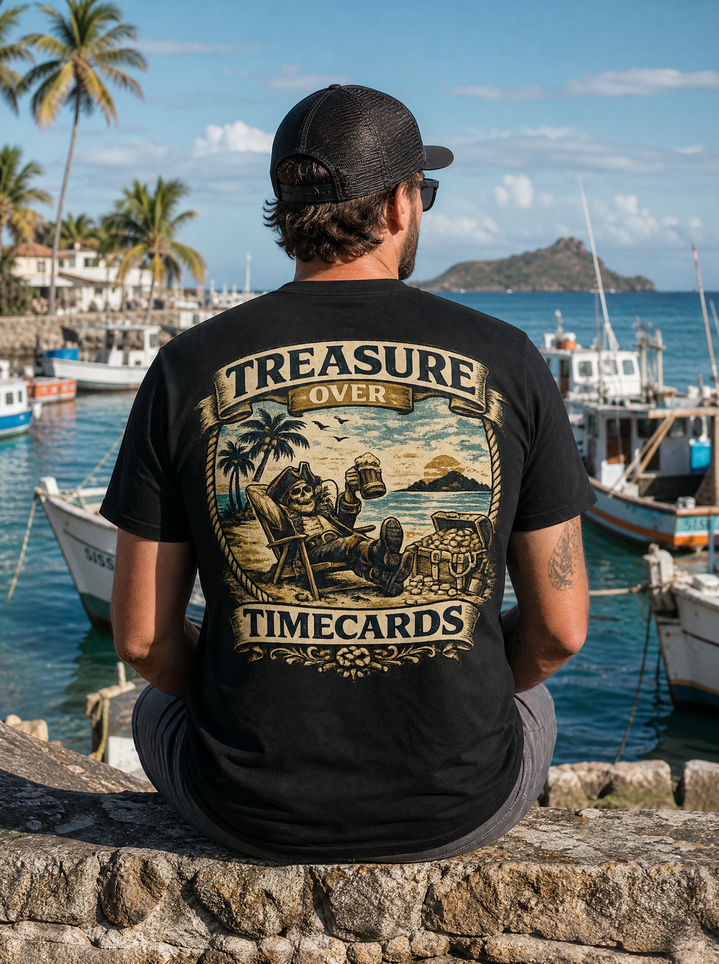 Treasure Over Timecards skeleton pirate back print tee worn on a tropical harbor wall