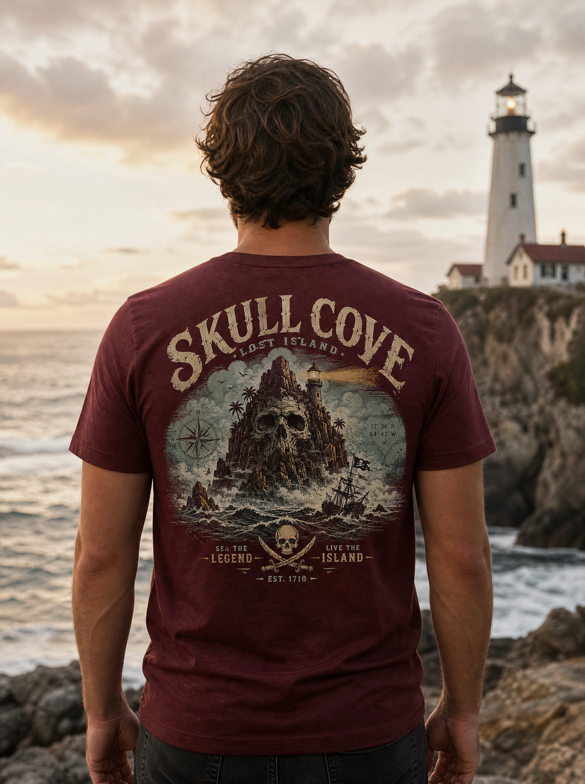Skull Cove Lost Island back print tee in maroon worn on a rocky shore by a lighthouse at sunset