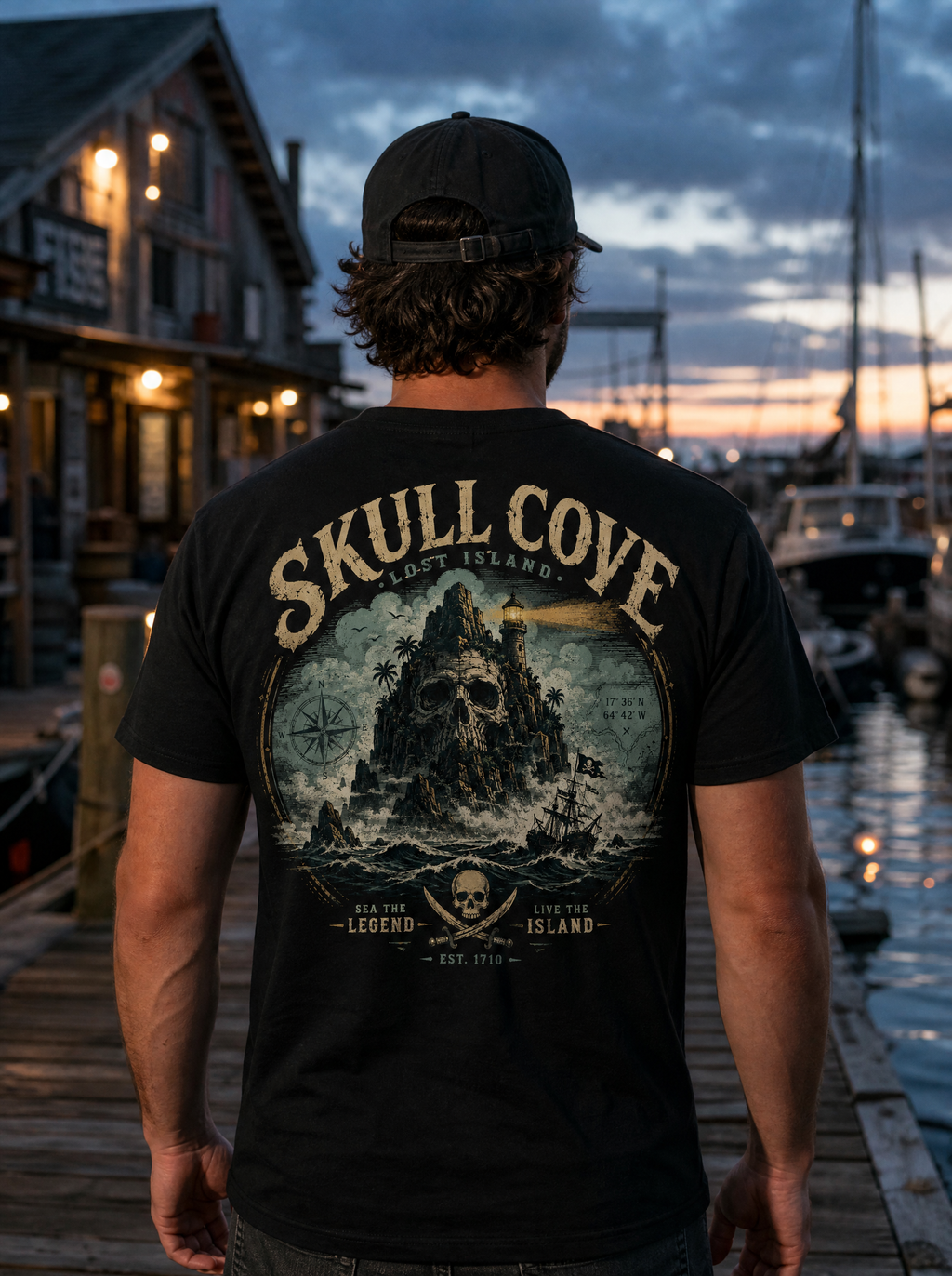 Skull Cove Lost Island back print black tee worn on a harbor dock at dusk