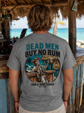 Dead Men Buy No Rum skeleton pirate back print tee in Deep Heather worn at a thatched beach bar